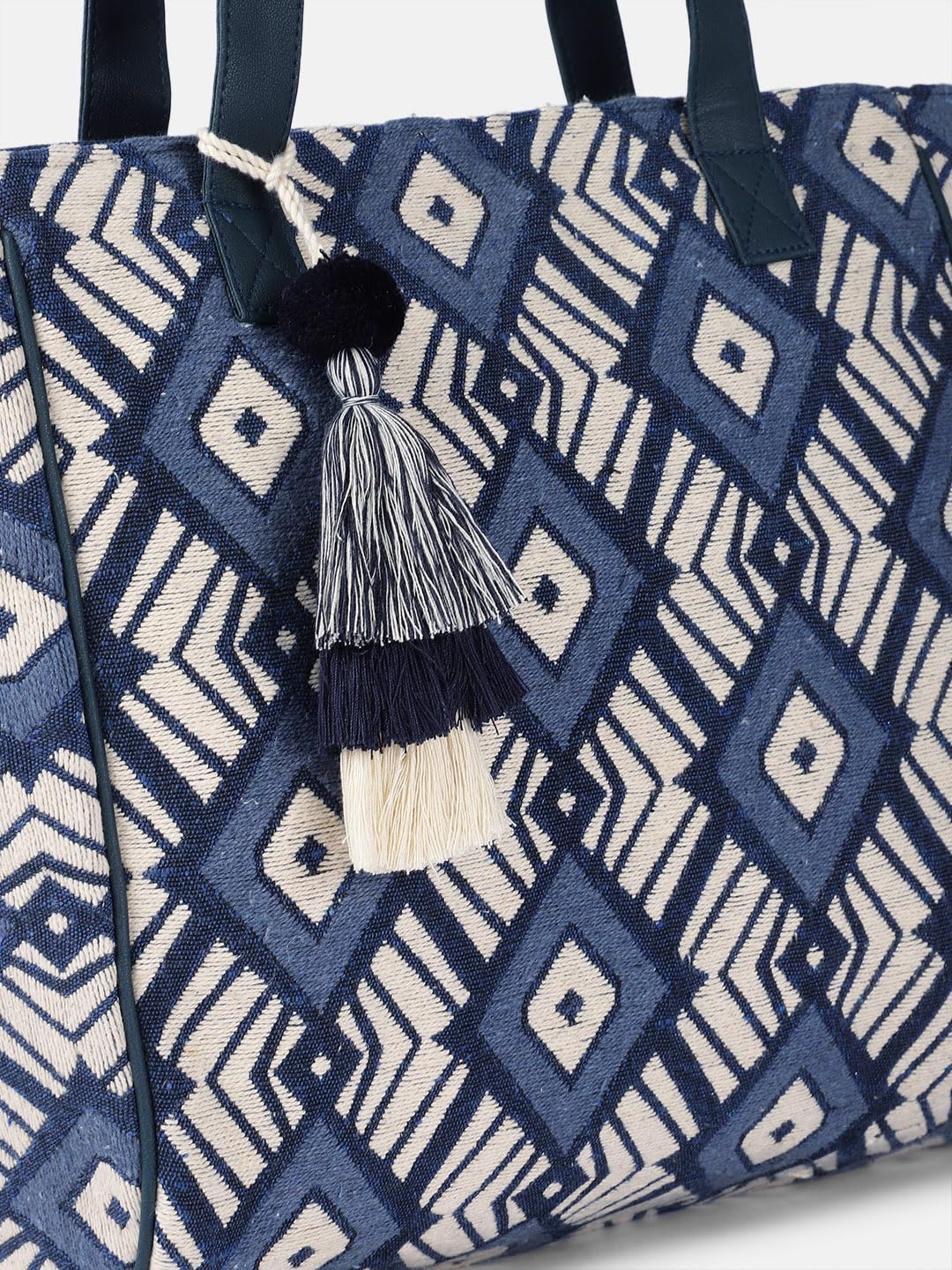 PRIMROSE Geometric Pattern Canvas Tote Bag, Navy Blue and White, Large Shoulder Bag with Decorative Tassels