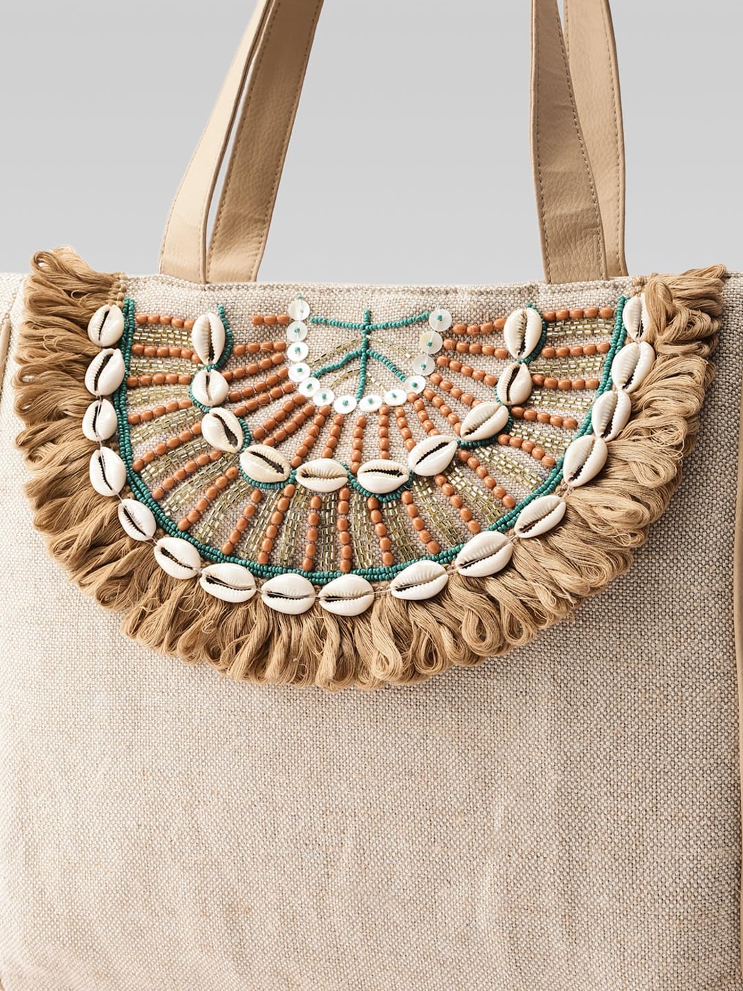 PRIMROSE Boho Beach Tote Bag, Canvas with Shell Embellishments, Fringe Detail, Natural Beige