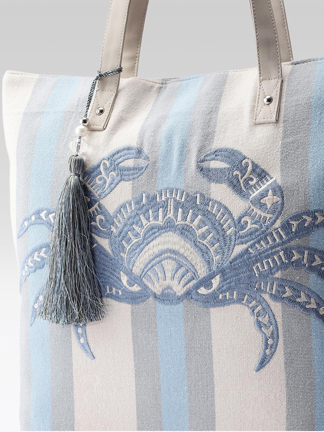 PRIMROSE Embroidered Crab Beach Tote Bag, Blue and White Striped Canvas, Tassel Detail