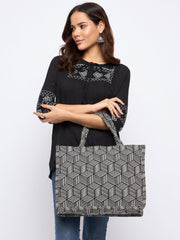 PRIMROSE Striped Geometric Tote Bag for Women, Black and White