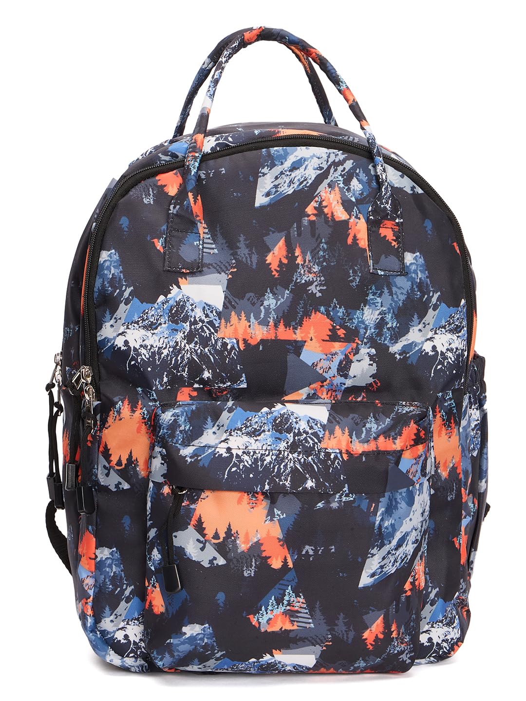 RIMROCK Mountain Print Backpack with Multiple Compartments, Blue and Orange Snow Pattern Design