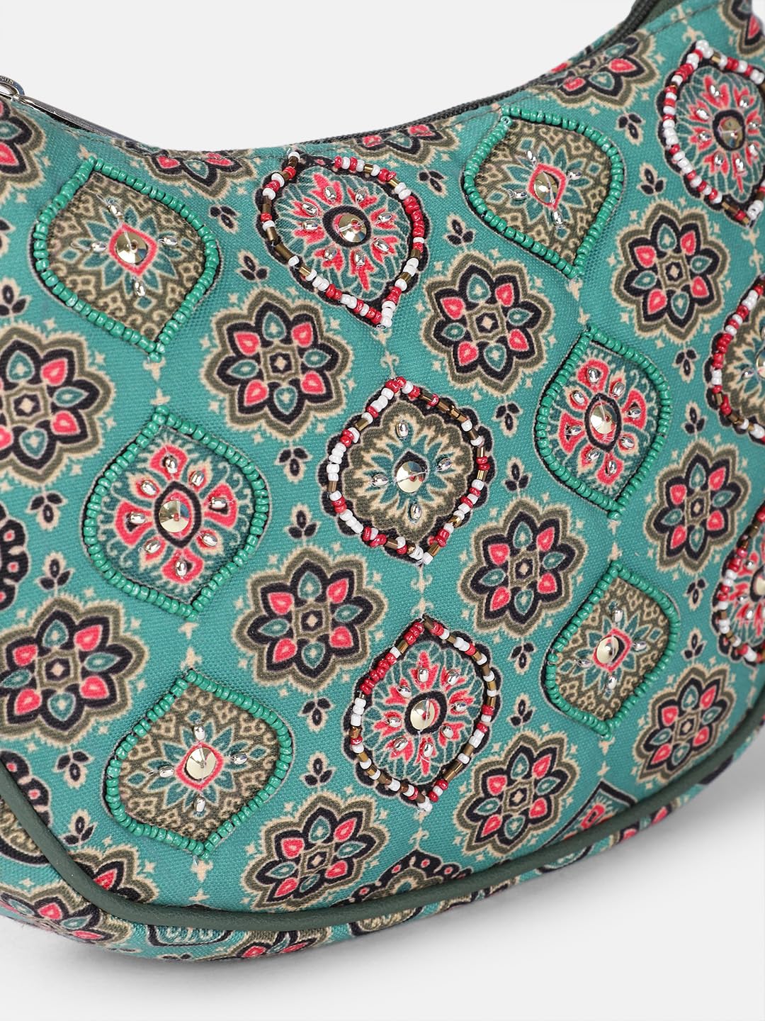 PRIMROSE Floral Pattern Crossbody Handbag, Turquoise with Pink Medallion Print, Adjustable Strap