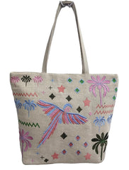 PRIMROSE Embroidered Tote Bag, Beige, Bird and Palm Tree Design, Shoulder Bag with Colorful Embroidery