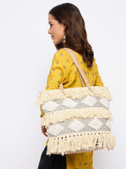 PRIMROSE Fringed Crochet Tote Bag with Shoulder Straps, Beige
