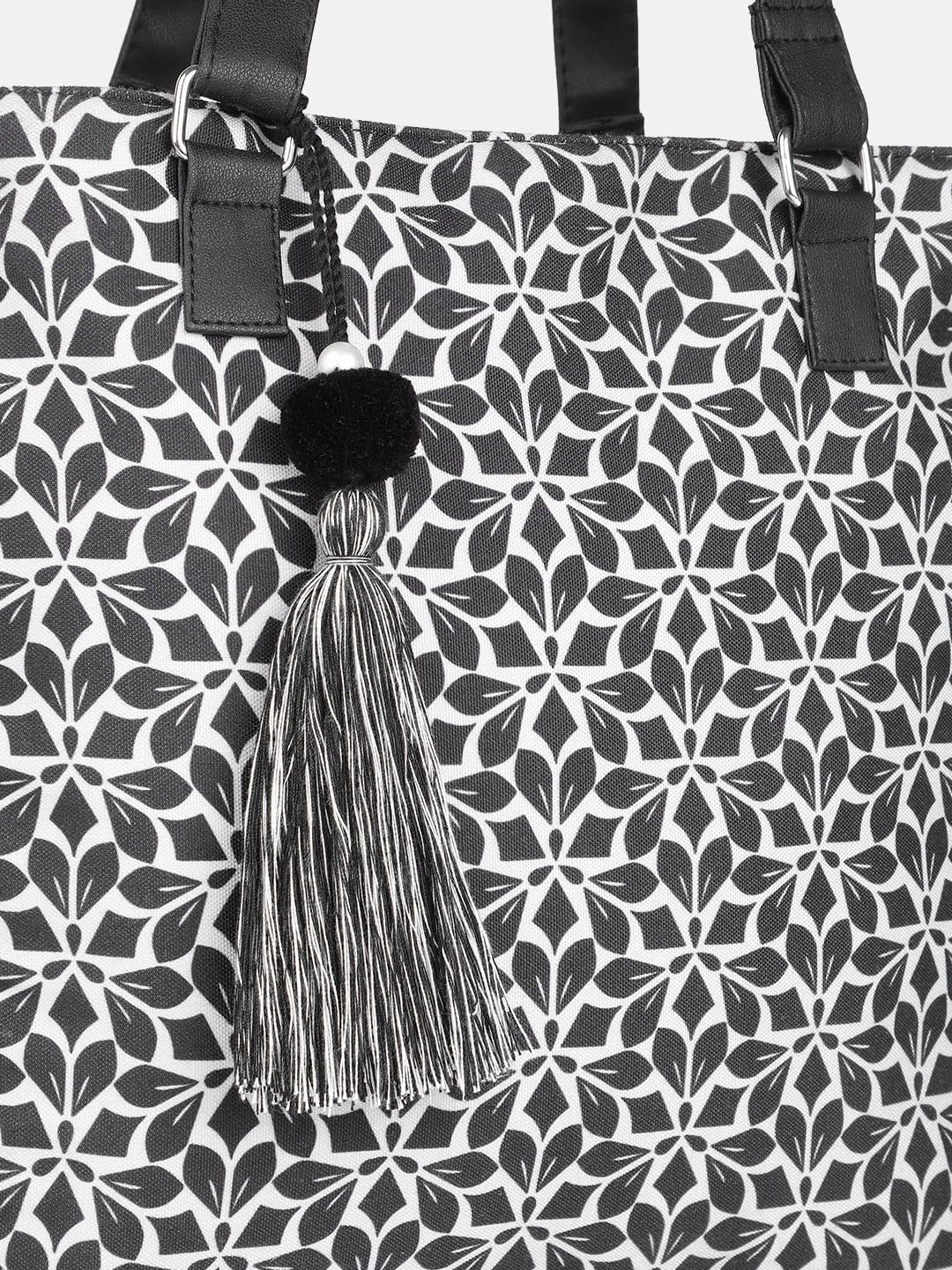 PRIMROSE Floral Pattern Tote Bag with Tassel, Black and White, Double Handle