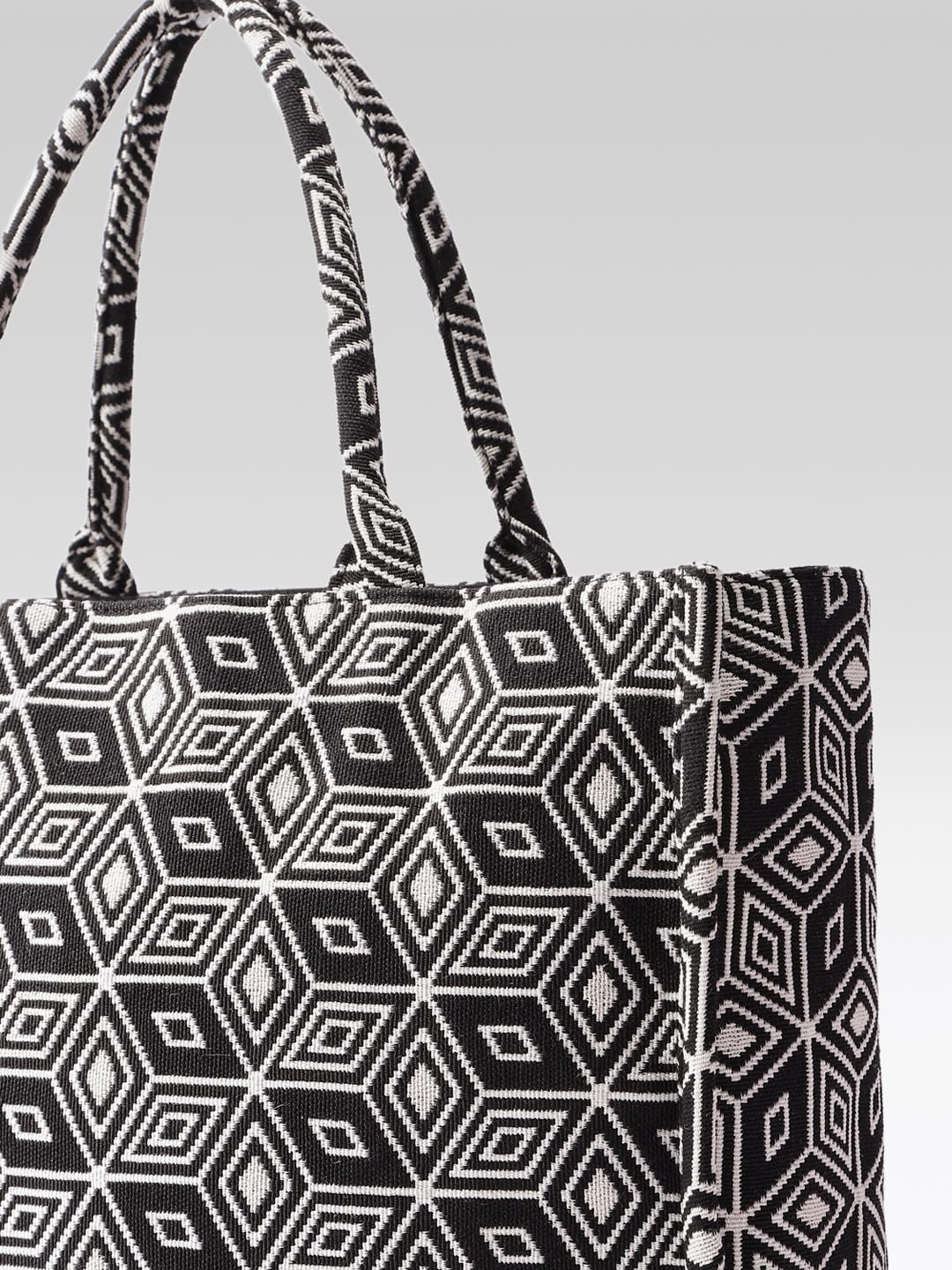 PRIMROSE Geometric Pattern Canvas Tote Bag, Black and White Design, Large Shoulder Handles