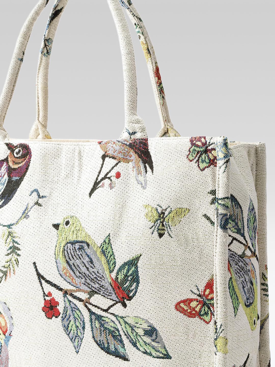 PRIMROSE Decorative Canvas Tote Bag with Birds and Butterflies Print, White Background