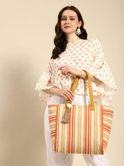 PRIMROSE Canvas Tote Bag, Orange and Yellow Striped Pattern, Decorative Tassel