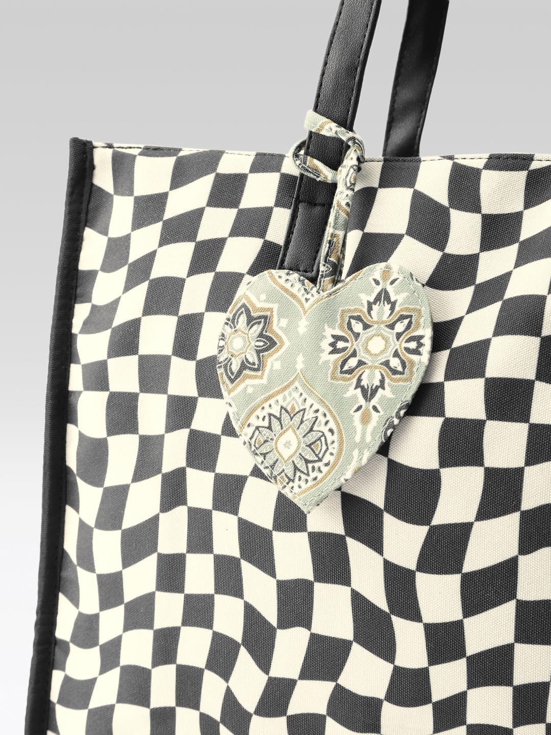 PRIMROSE Checkered Tote Bag with Decorative Heart Charm, Black and White Pattern, Large Shopping Handbag