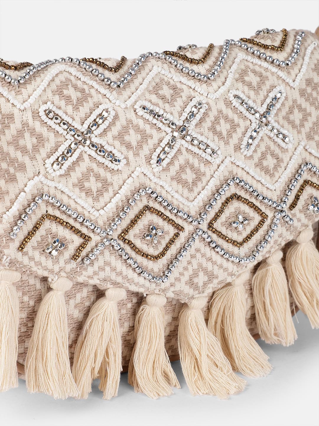 PRIMROSE Bohemian Crossbody Handbag with Crystal Embellishments, Woven Pattern, Cream Tassels, Tan Polyurethane Strap