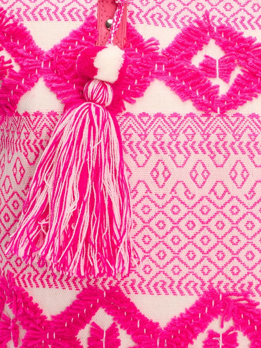 RIMROCK Bohemian Beach Tote Bag, Pink and White Geometric Pattern, Tassel Accent, Large Canvas Shoulder Bag