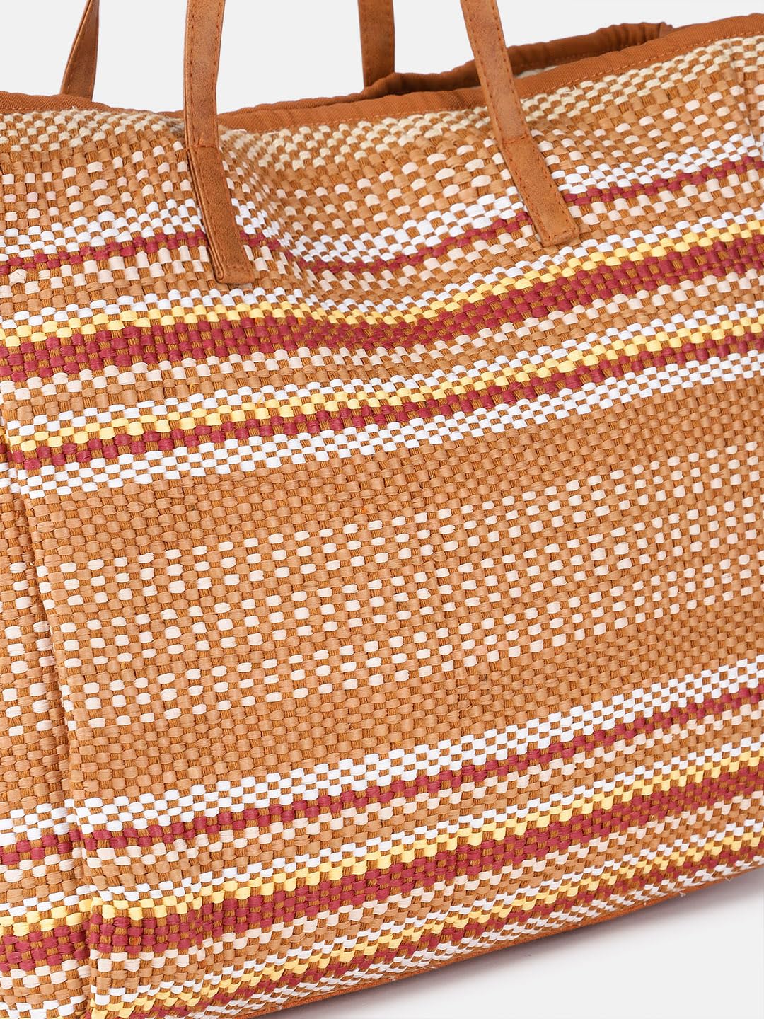 PRIMROSE Woven Straw Beach Tote Bag, Striped Pattern in Tan and Red, Large Casual Summer Handbag with Polyurethane Handles