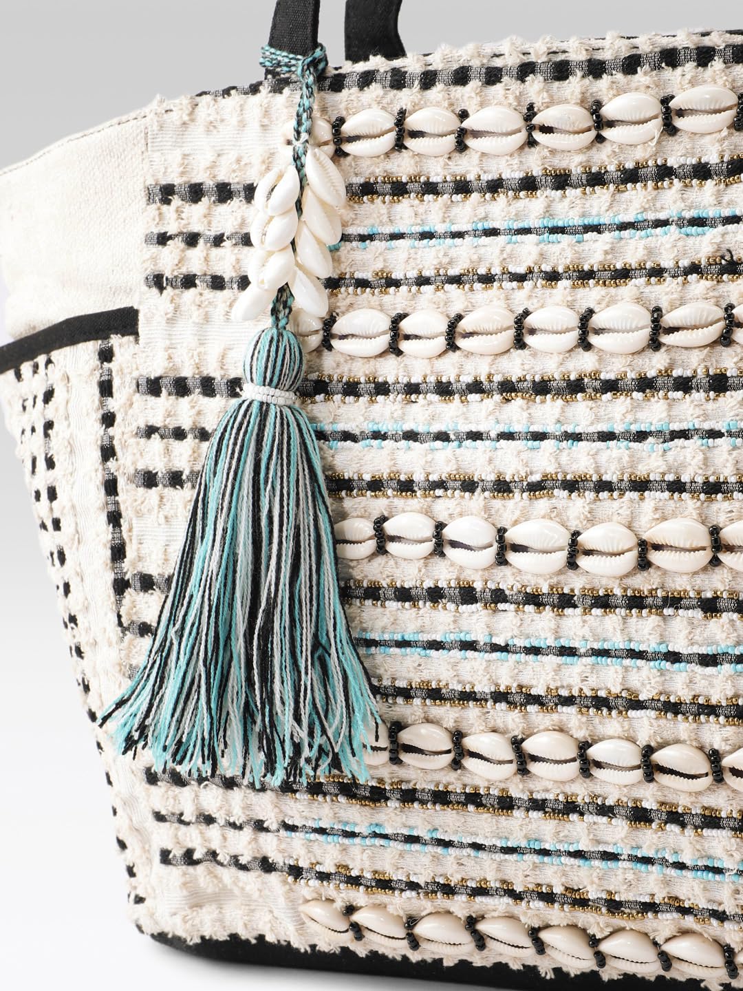 PRIMROSE Woven Beach Tote Bag with Tassel, Black and White Striped Pattern, Turquoise Accent
