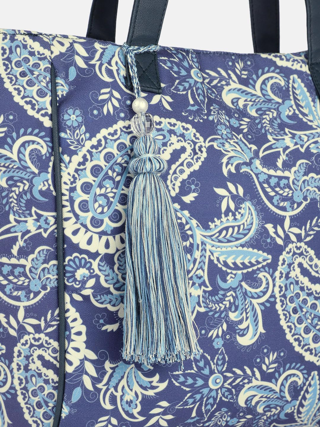 PRIMROSE Paisley Print Canvas Tote Bag with Tassel, Navy Blue and White Pattern, Large Shoulder Straps