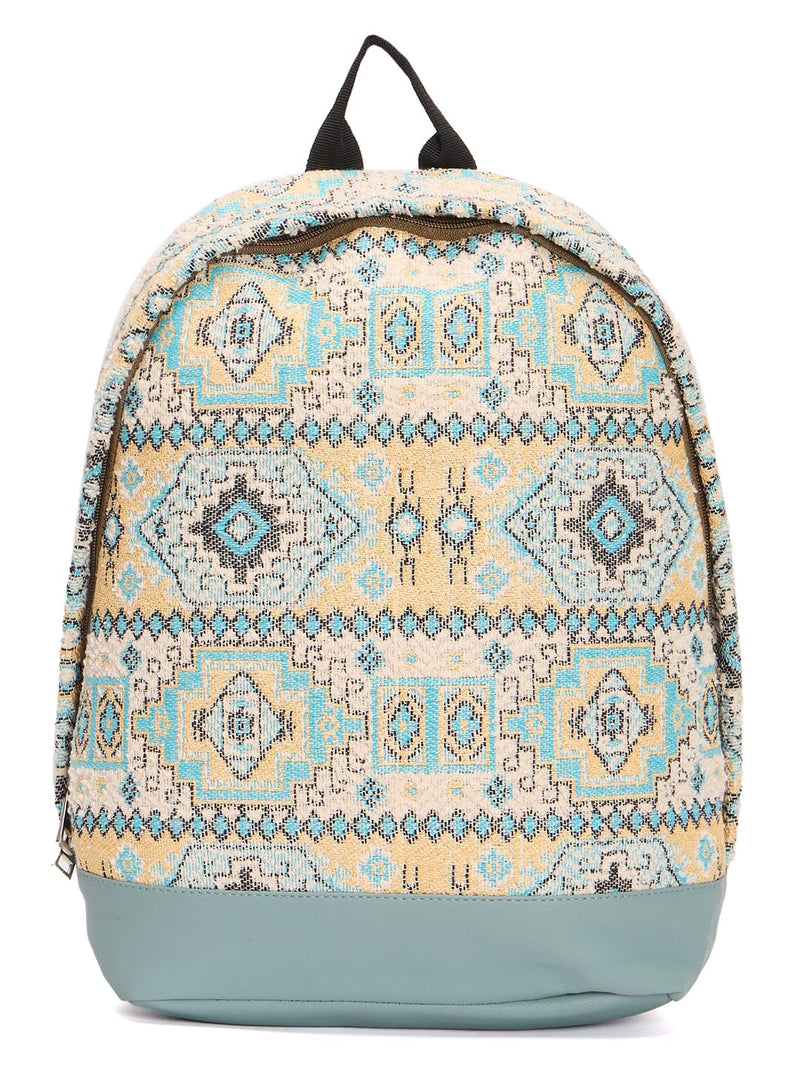 RIMROCK Bohemian Canvas Backpack, Aztec Pattern Design, Blue and Beige