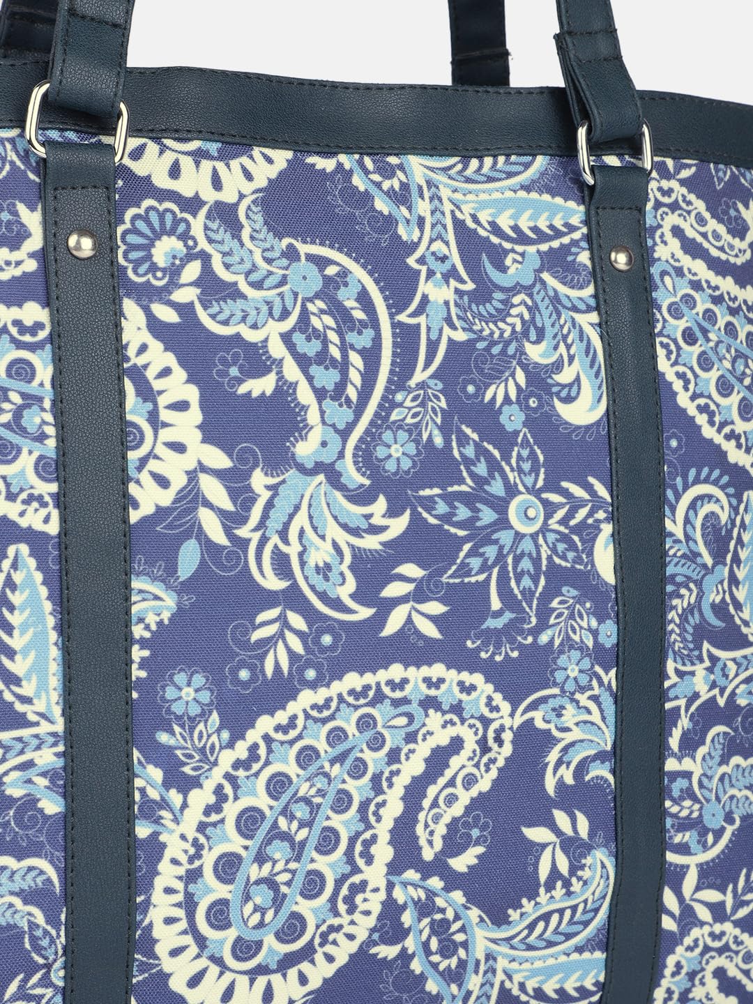 PRIMROSE Canvas Tote Bag with Paisley Print, Navy Blue and White Pattern, Dark Trim
