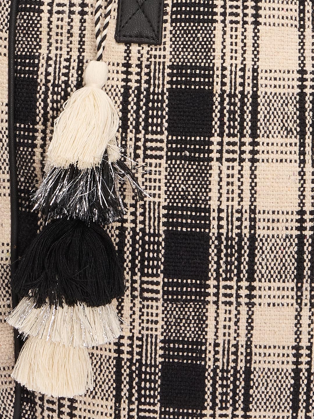 RIMROCK Large Plaid Tote Bag with Tassel Charm, Black and Beige Woven Pattern, Cotton Canvas