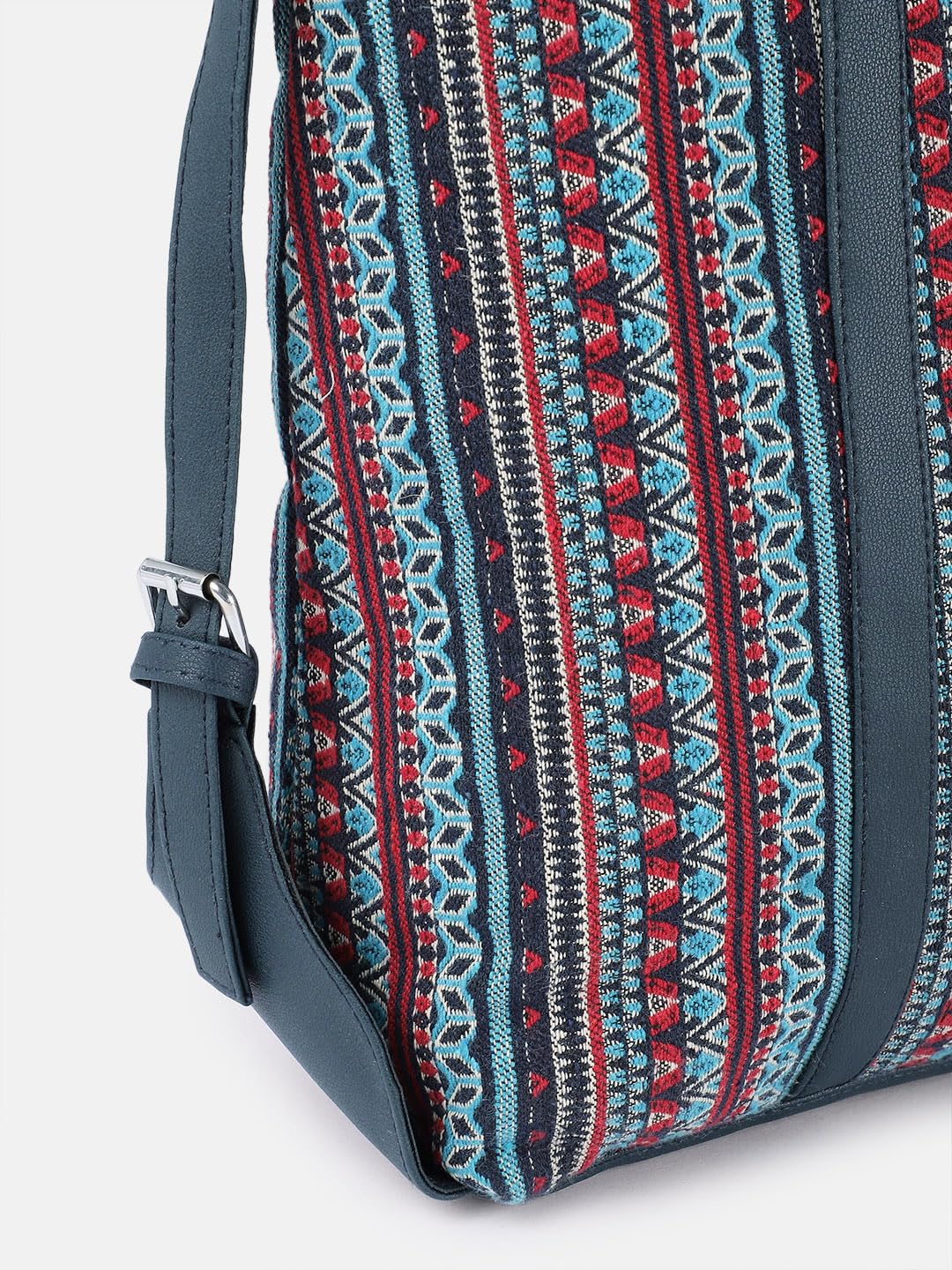 PRIMROSE Boho Tribal Print Tote Bag, Navy Blue with Red and Turquoise Pattern, Double Shoulder Straps