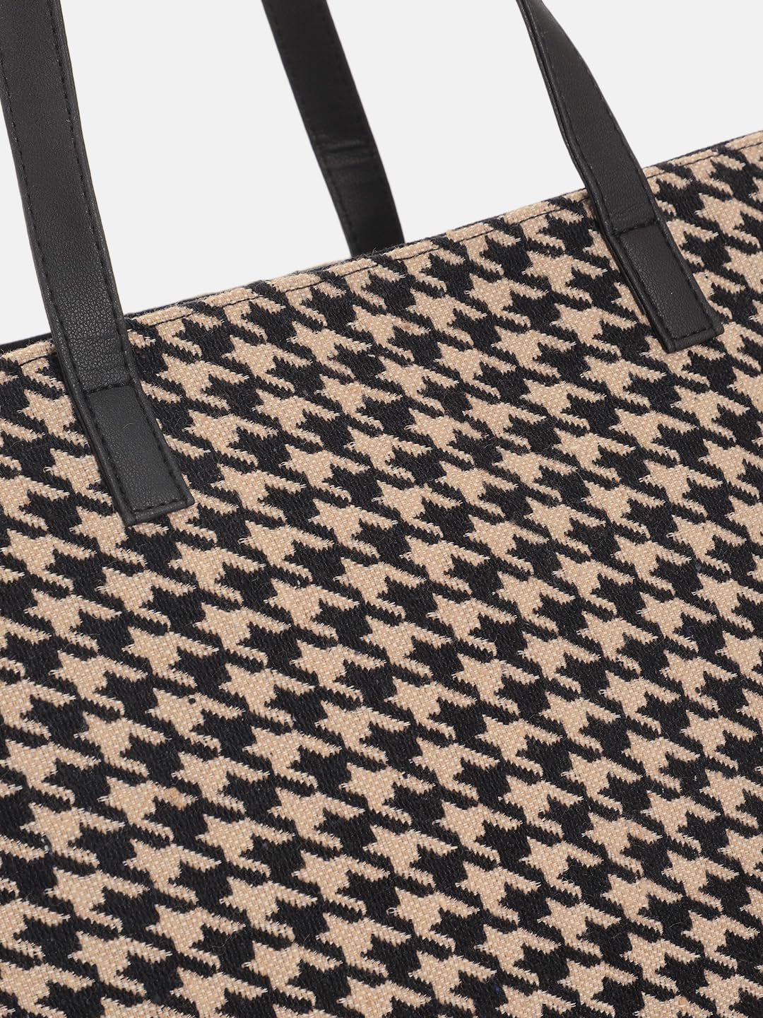 PRIMROSE Classic Houndstooth Pattern Tote Bag, Black and Beige, PU Leather Trim