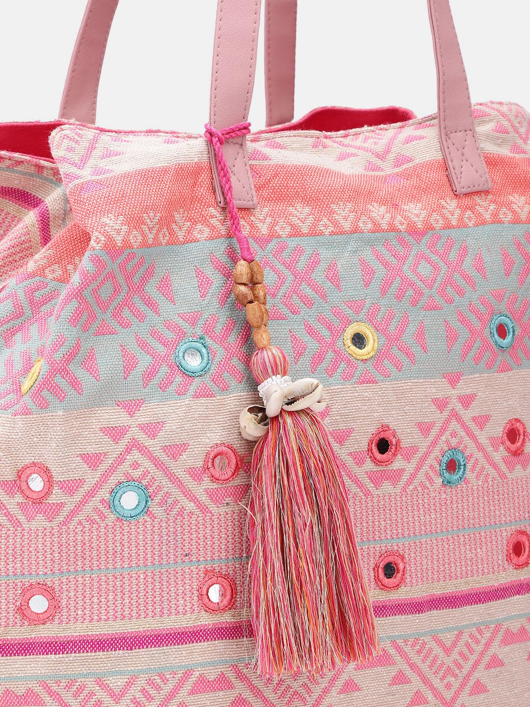 PRIMROSE Boho Beach Tote Bag, Pink Geometric Pattern with Mirror Embellishments, Tassel Charm