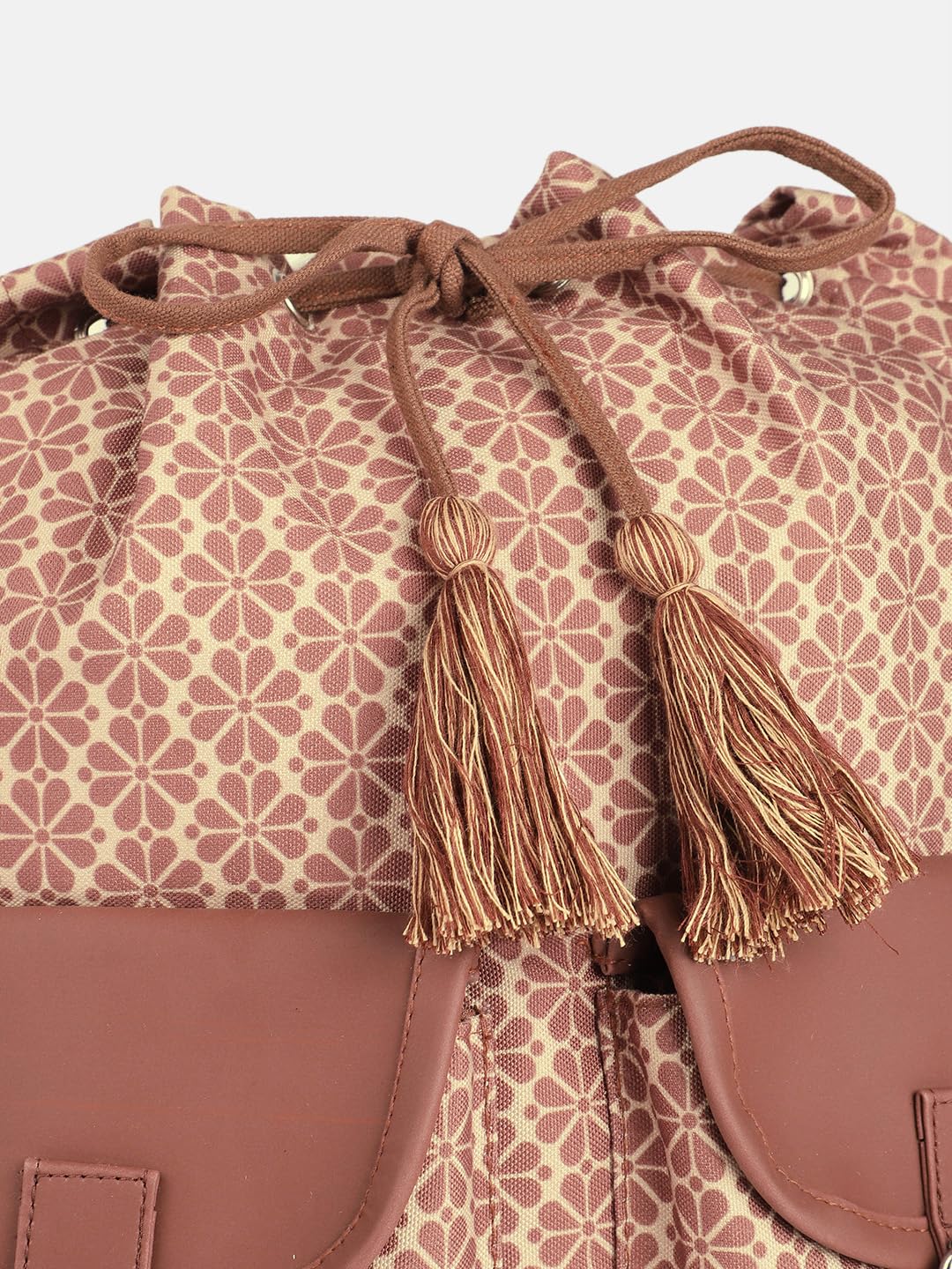 PRIMROSE Floral Pattern Canvas Backpack, Braided Trim, Dual Front Pockets, Pink-Brown