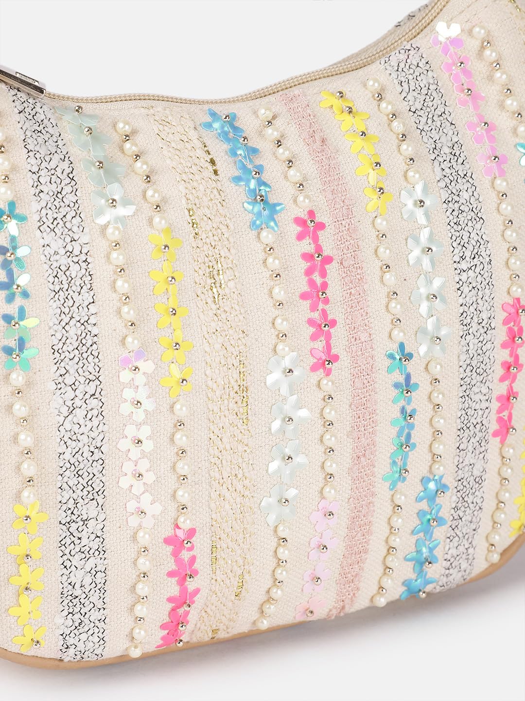 Ladies Floral Crossbody Bag, Beige Canvas with Pastel Embellishments, Studded Stripes Design