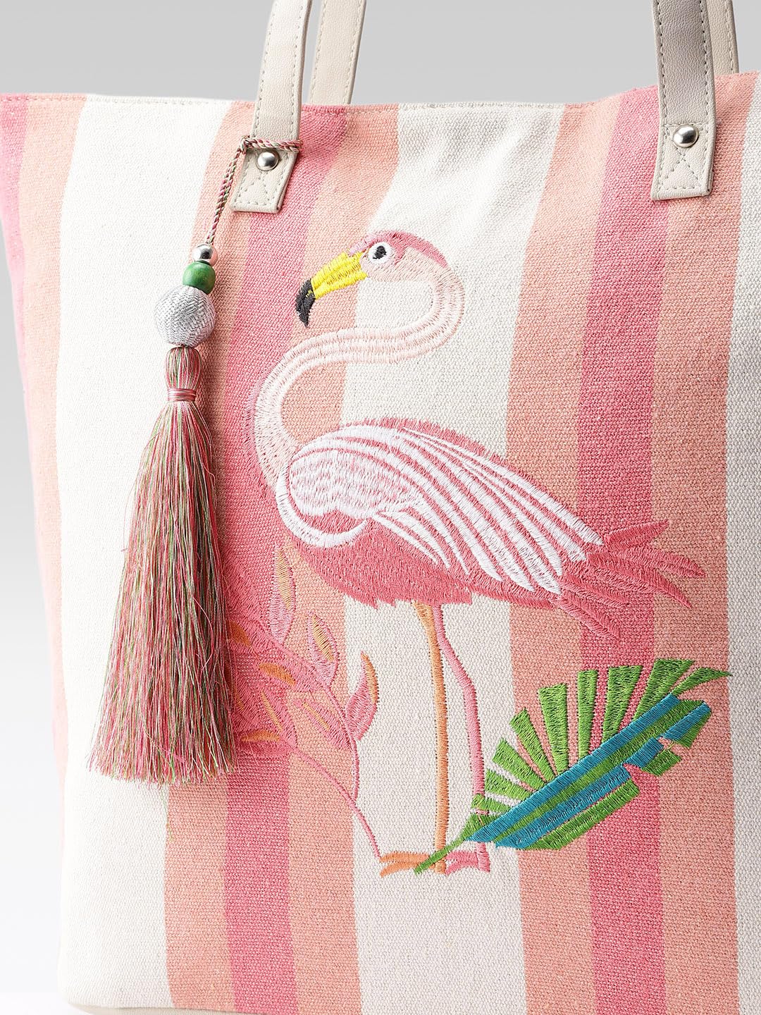 PRIMROSE Canvas Beach Tote Bag with Flamingo Design, Pink and White Stripes, Decorative Tassel
