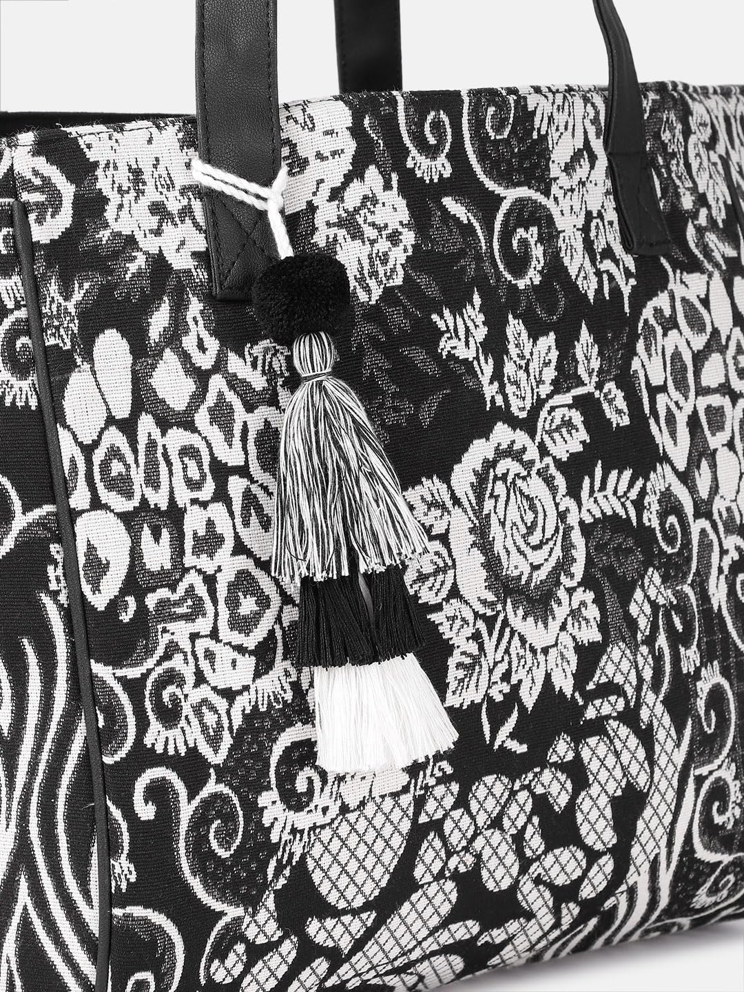 PRIMROSE Floral Print Tote Bag with Tassels, Black and White Pattern, Double Handles