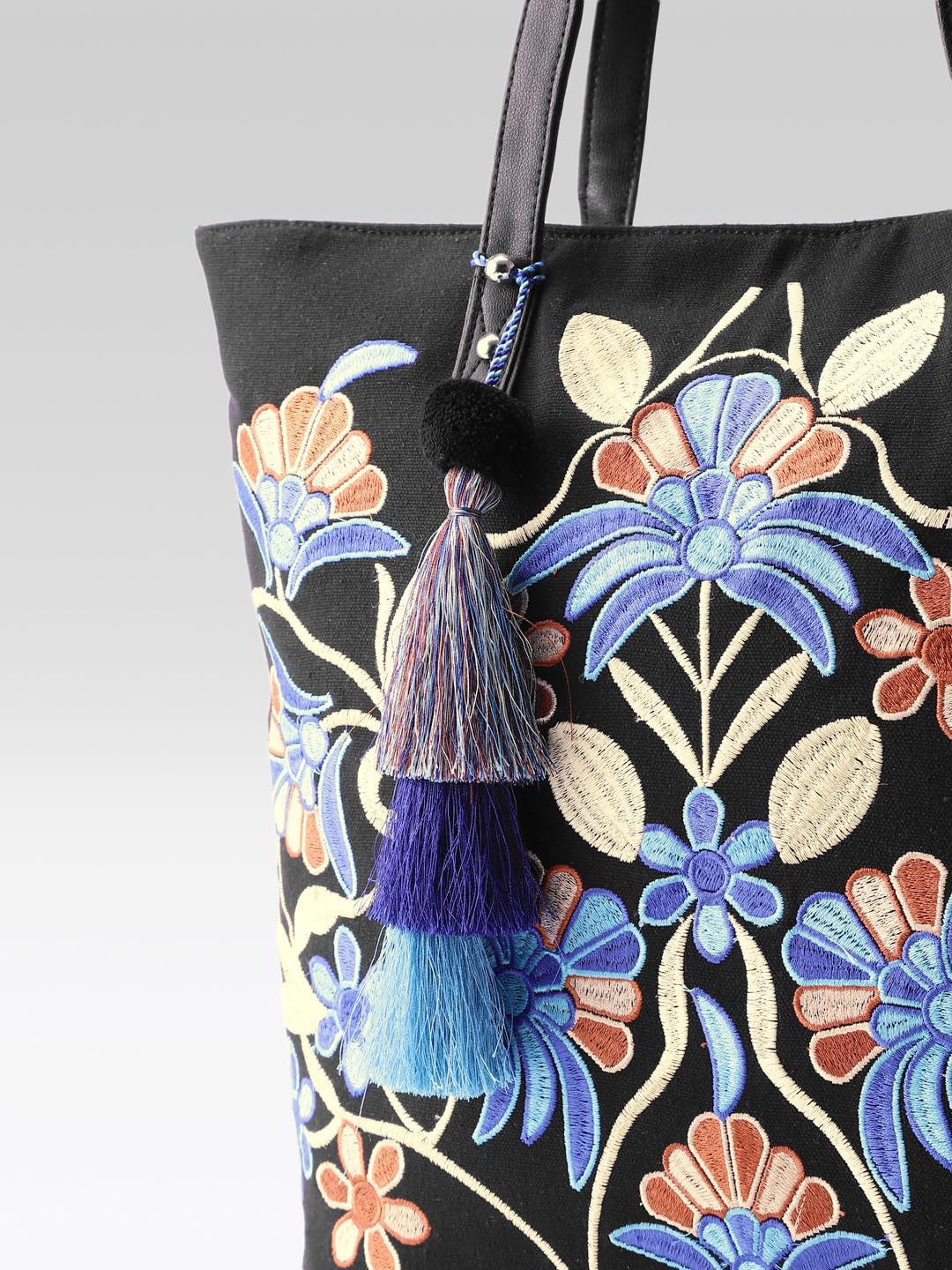 PRIMROSE Embroidered Floral Tote Bag with Tassel, Black Canvas with Blue and Coral Design, Large Shoulder Bag