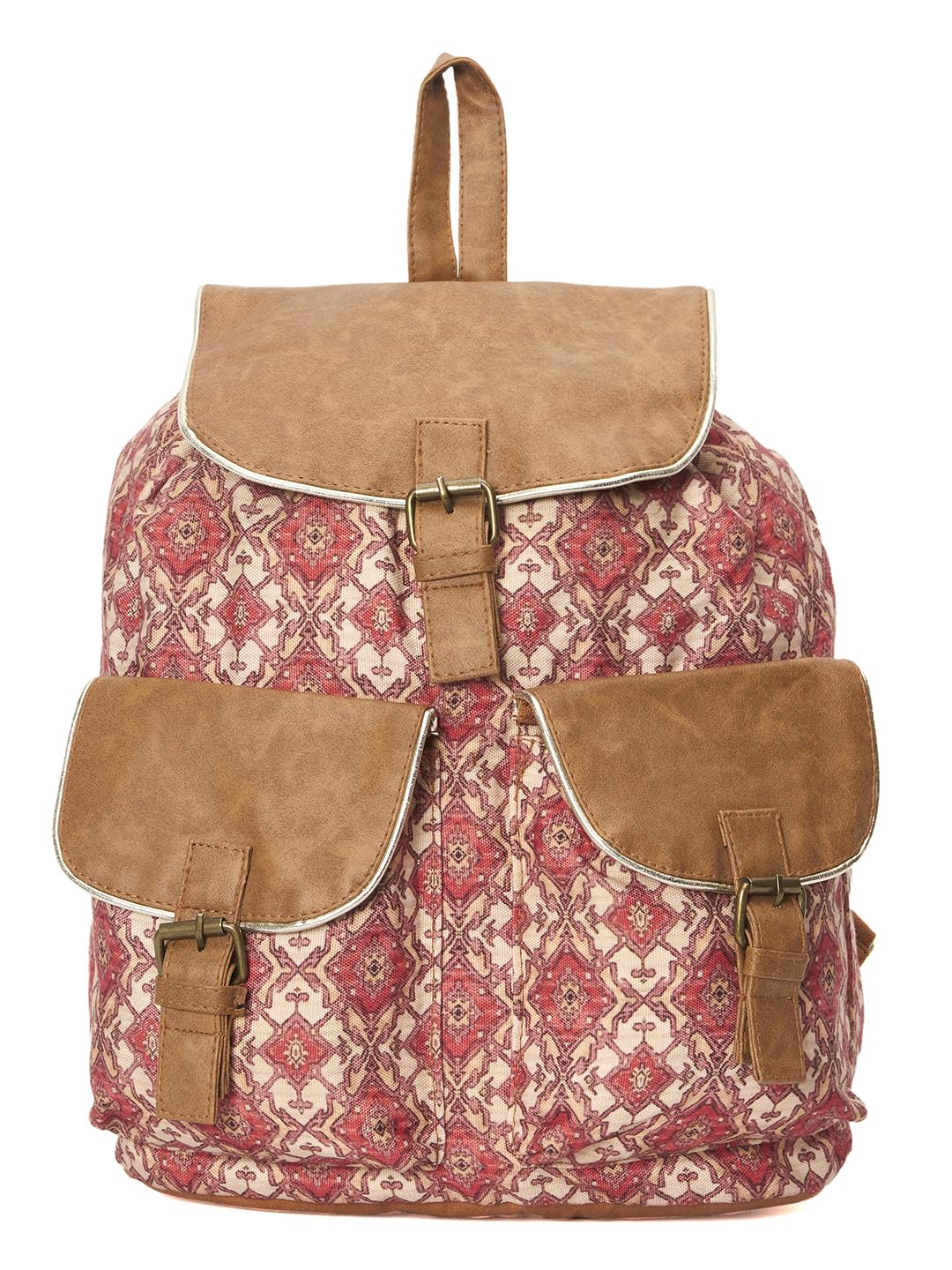 Vintage Canvas Backpack, Floral Pattern with Brown Pu Trim, Double Front Pockets, Pink and Beige