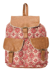 Vintage Canvas Backpack, Floral Pattern with Brown Pu Trim, Double Front Pockets, Pink and Beige