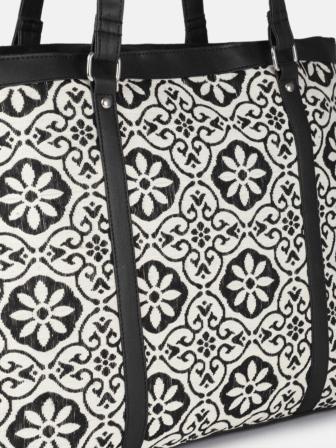 PRIMROSE Floral Pattern Canvas Tote Bag, Black and White, Double Handle Shoulder Handbag