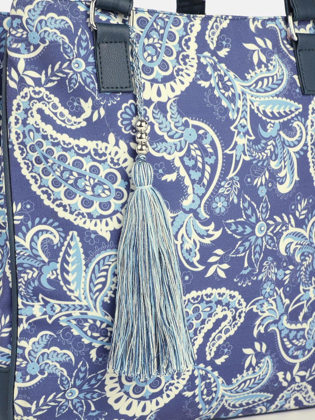 PRIMROSE Floral Paisley Print Tote Bag with Tassel, Navy Blue and White Pattern, Double Handles