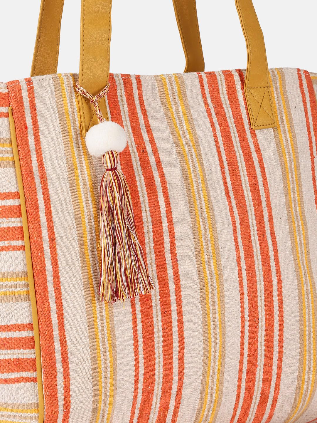 PRIMROSE Canvas Tote Bag, Orange and Yellow Striped Pattern, Decorative Tassel