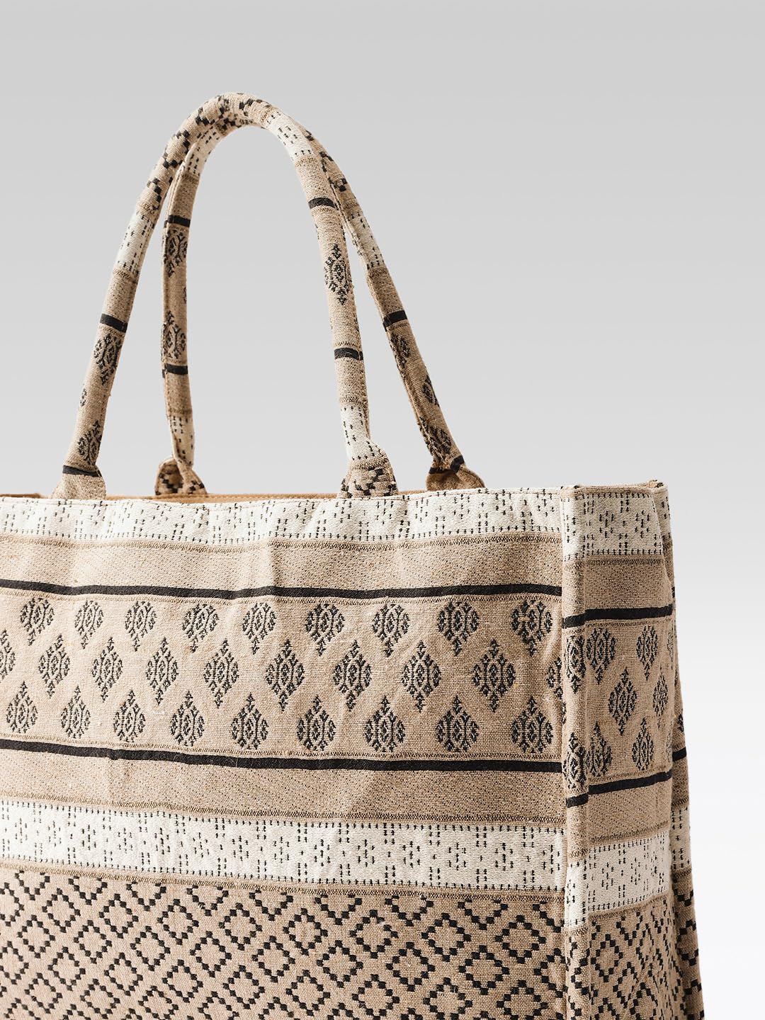 PRIMROSE Boho Canvas Tote Bag, Geometric Pattern, Beige and Black, Large Casual Shopping Handbag