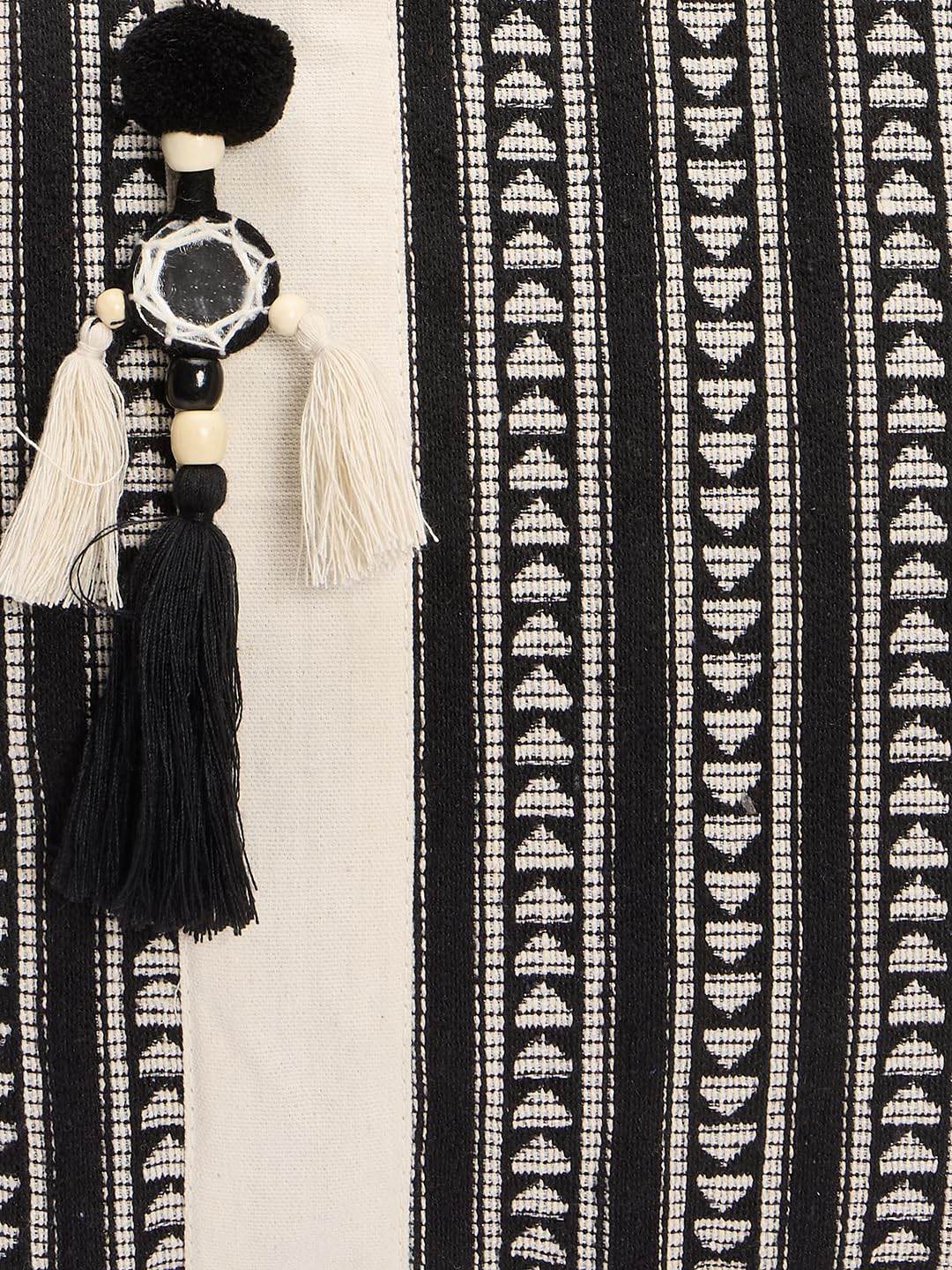 RIMROCK Boho Canvas Tote Bag with Tassel, Black and White Geometric Pattern, Large Shoulder Bag