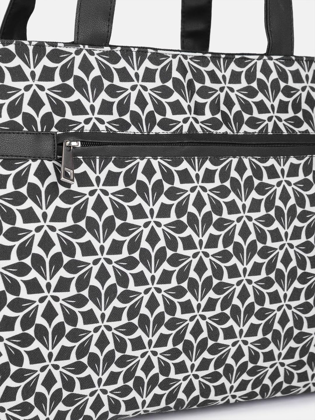 PRIMROSE Floral Pattern Tote Bag with Zip Pocket, Black and White Geometric Design, Large Shoulder Straps