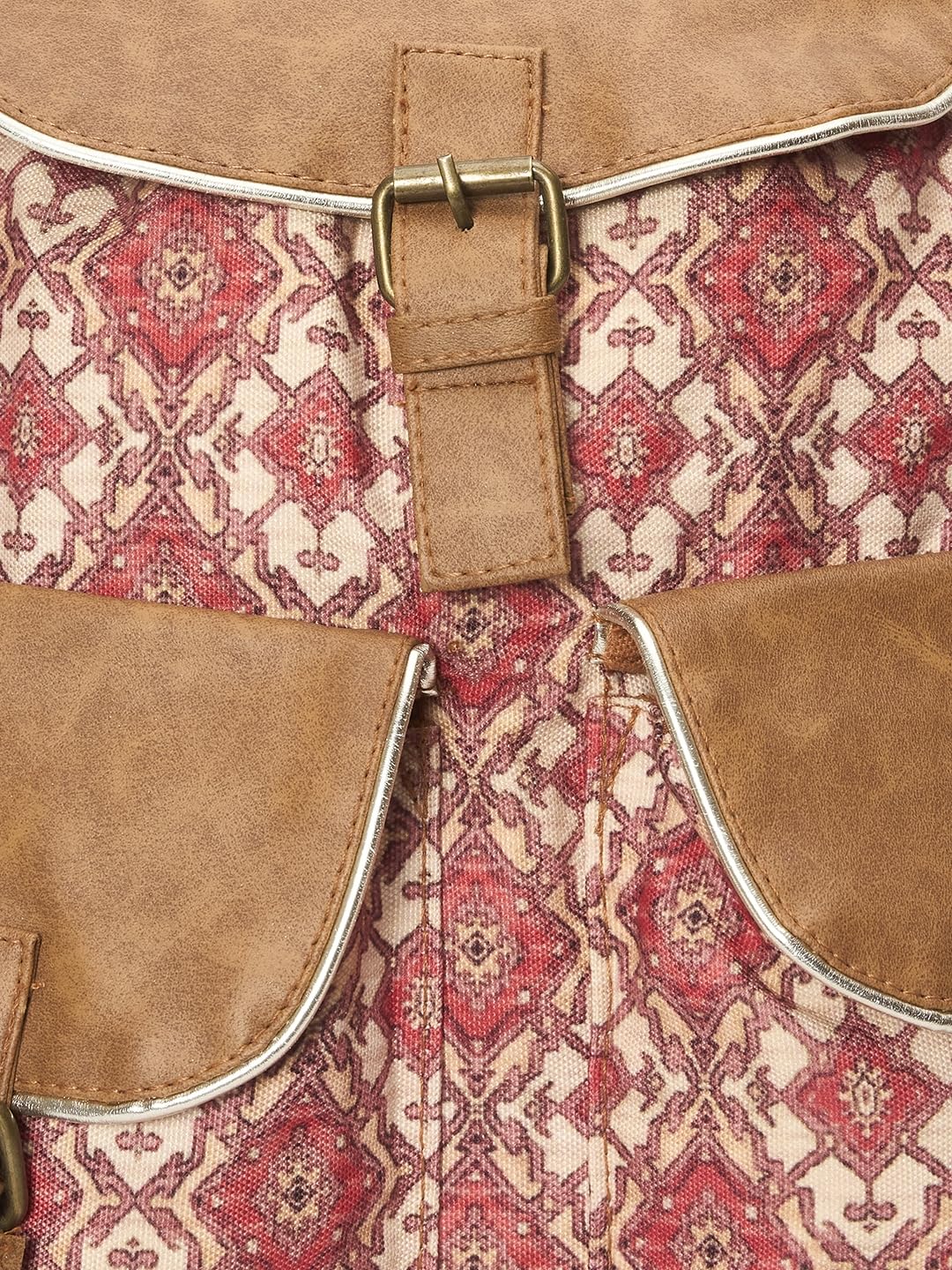 Vintage Canvas Backpack, Floral Pattern with Brown Pu Trim, Double Front Pockets, Pink and Beige