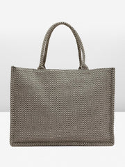 PRIMROSE Woven Tote Bag with Embroidered Pattern, Black and Pink