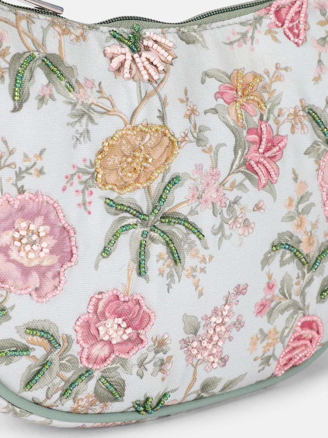 Floral Print Crossbody Handbag, Mint Green Trim, White Canvas with Pink Roses