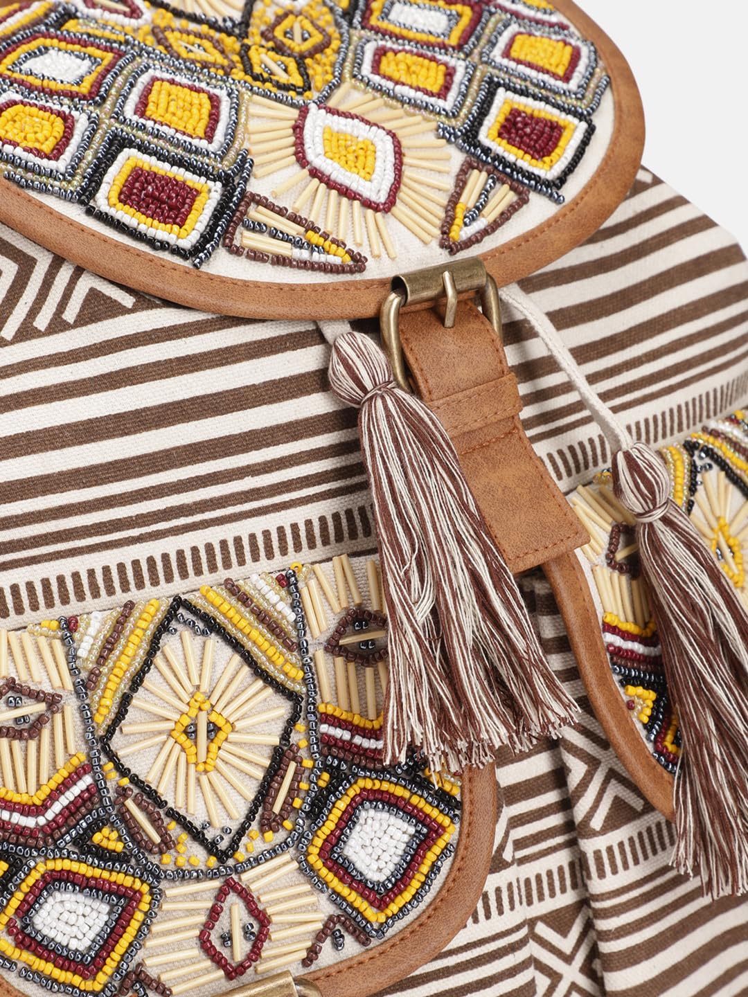 PRIMROSE Boho Canvas Backpack, Beaded Geometric Pattern, Brown and White Striped with Tassels