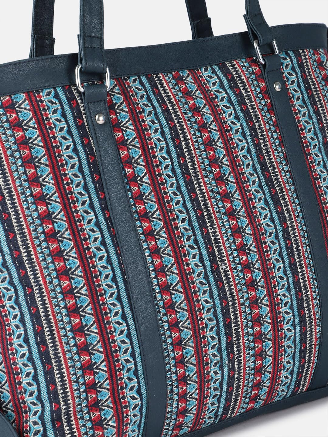 PRIMROSE Boho Tribal Print Tote Bag, Navy Blue with Red and Turquoise Pattern, Double Shoulder Straps