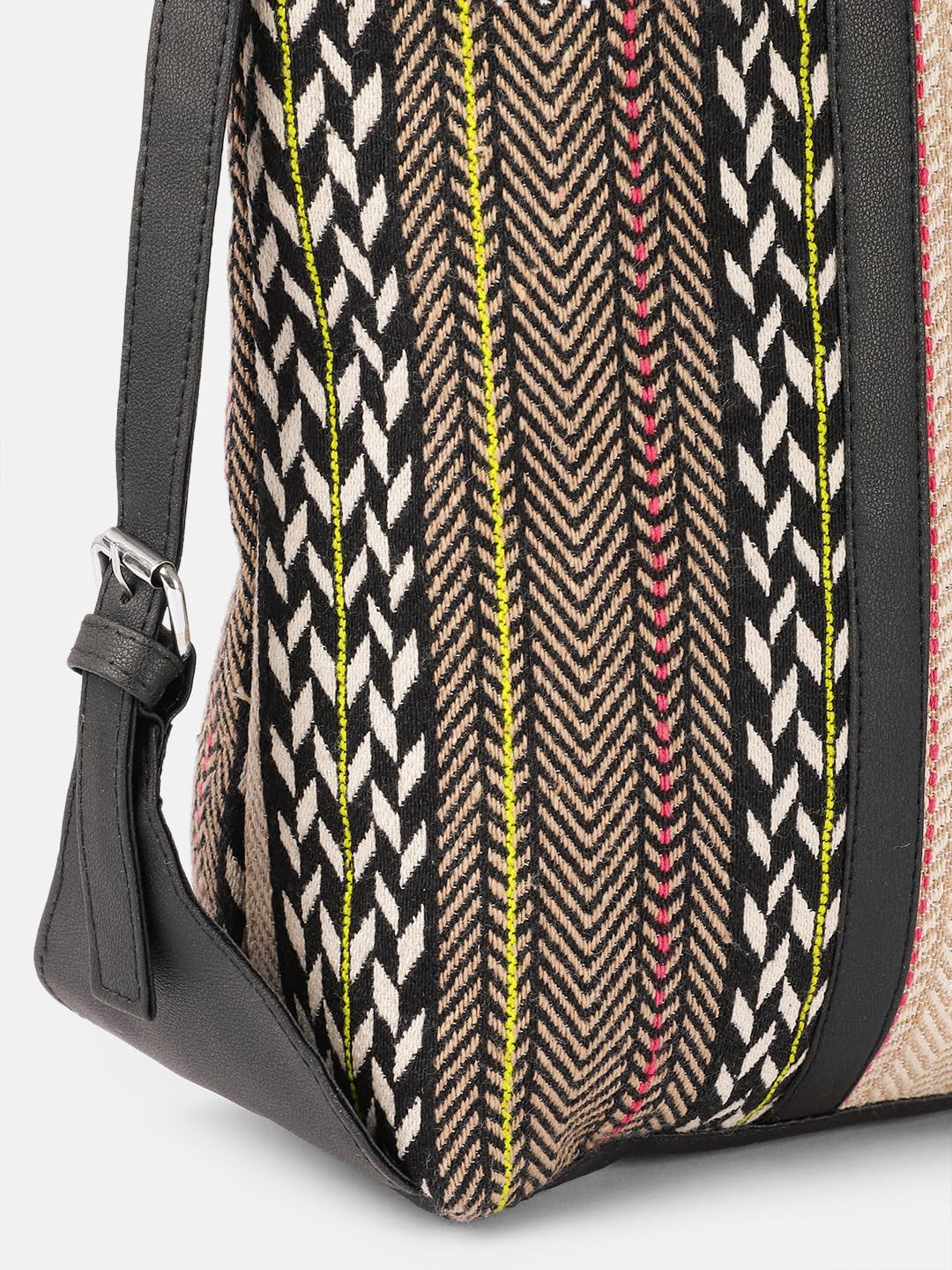 Women's Stylish Tote Bag, Chevron Pattern with Black Trim, Multi-Colour Stripes