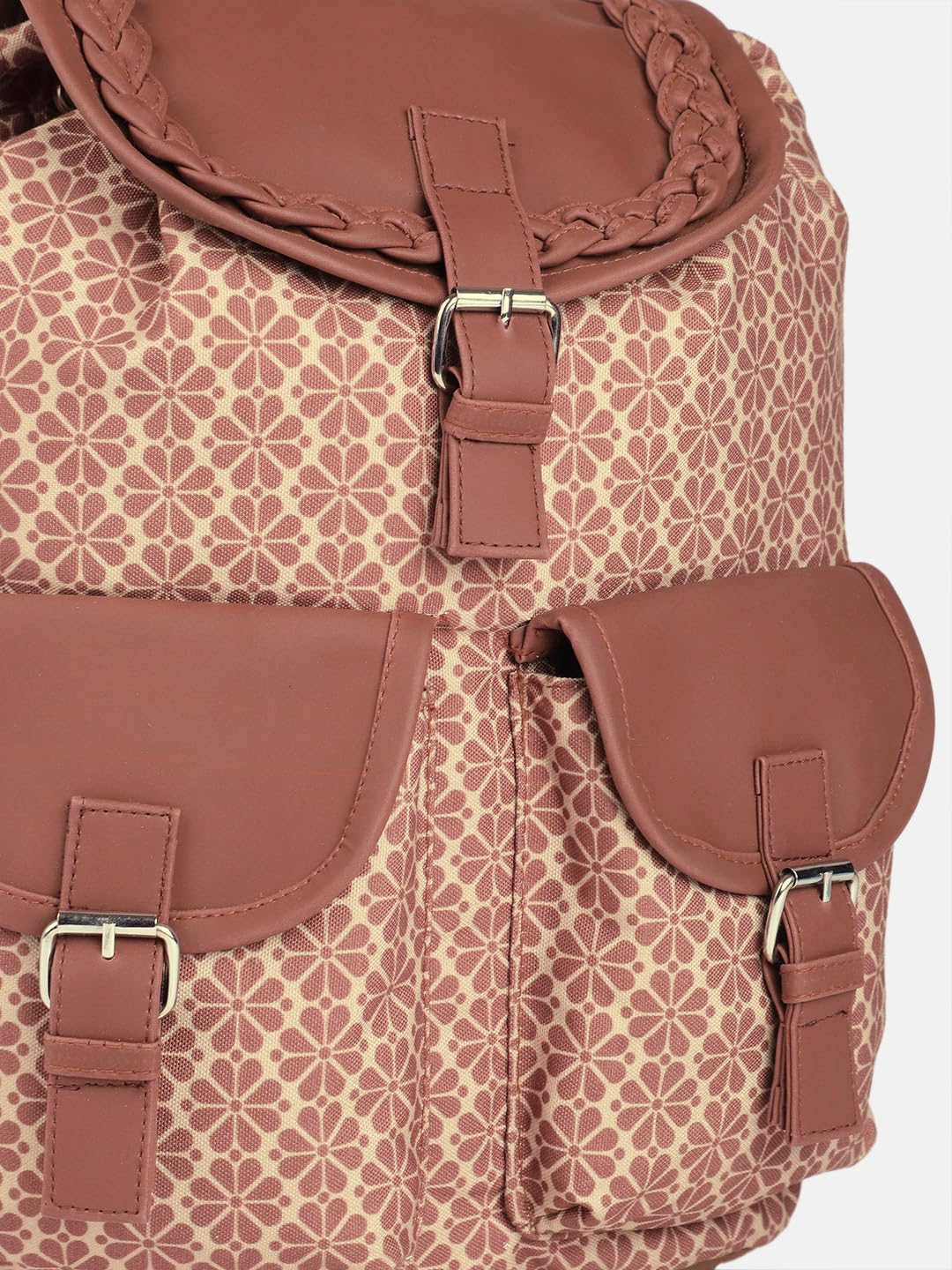 PRIMROSE Floral Pattern Canvas Backpack, Braided Trim, Dual Front Pockets, Pink-Brown