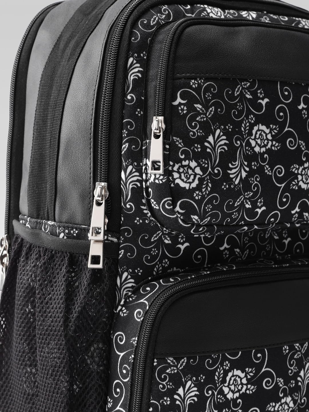 PRIMROSE Floral Pattern Backpack with Multiple Compartments, Black and White Design