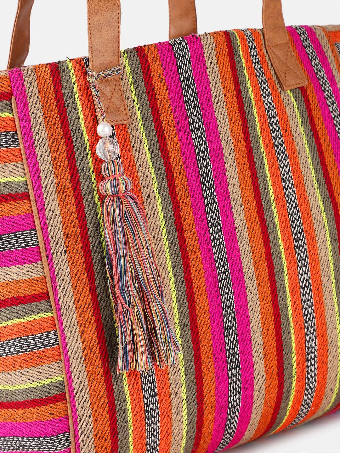 PRIMROSE Striped Woven Tote Bag with Tassel, Multicolour, Brown Handles
