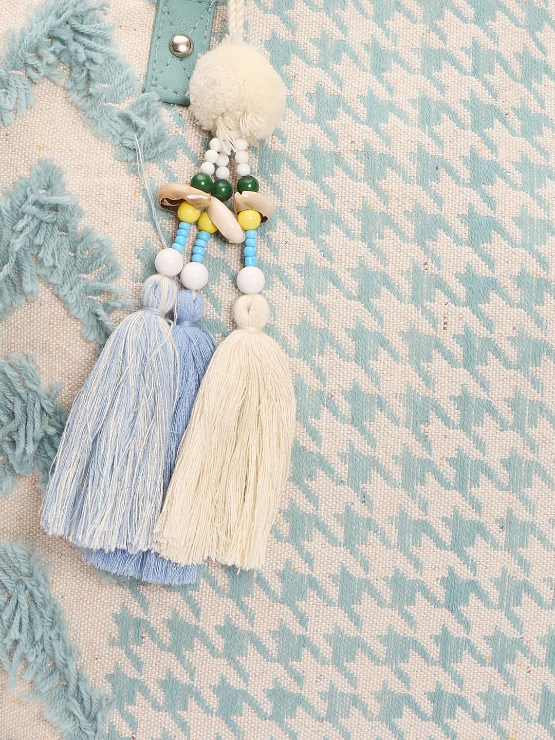 RIMROCK Decorative Canvas Tote Bag with Houndstooth Pattern, Mint Blue and Cream, Tassel Charm