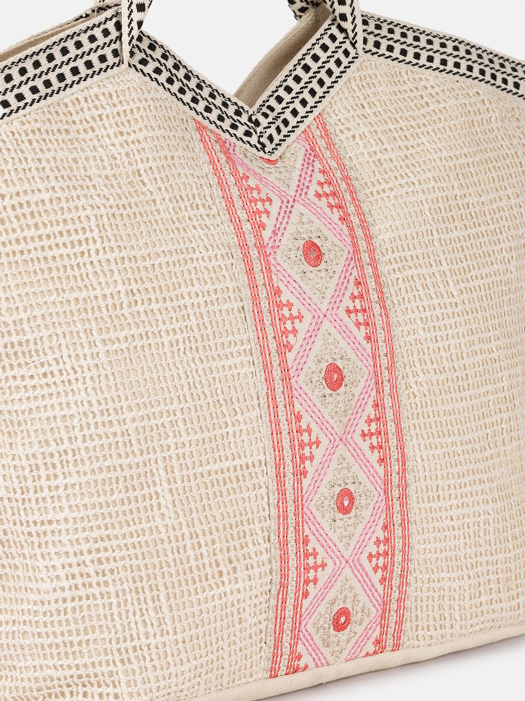 PRIMROSE Woven Beach Tote Bag, Natural Cream with Pink Embroidery, Black Striped Handles