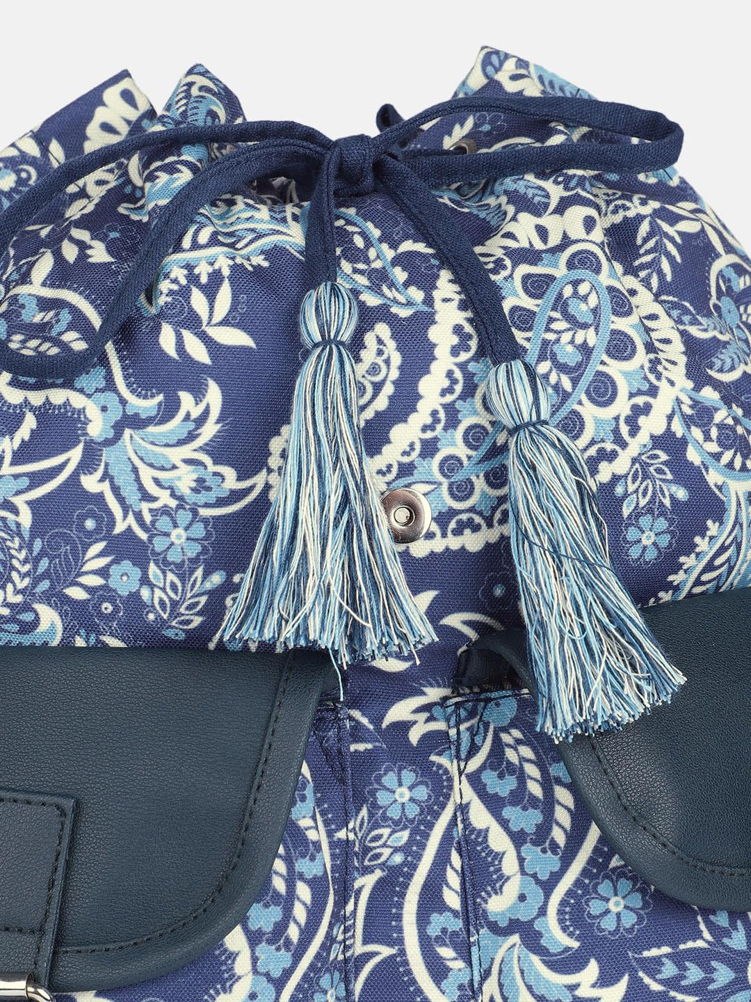 PRIMROSE Floral Canvas Backpack, Navy Blue with White Pattern, Double Buckle Front Pockets