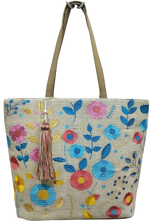 PRIMROSE Embroidered Floral Tote Bag, Beige Jute with Colorful Flowers, Tassel Detail